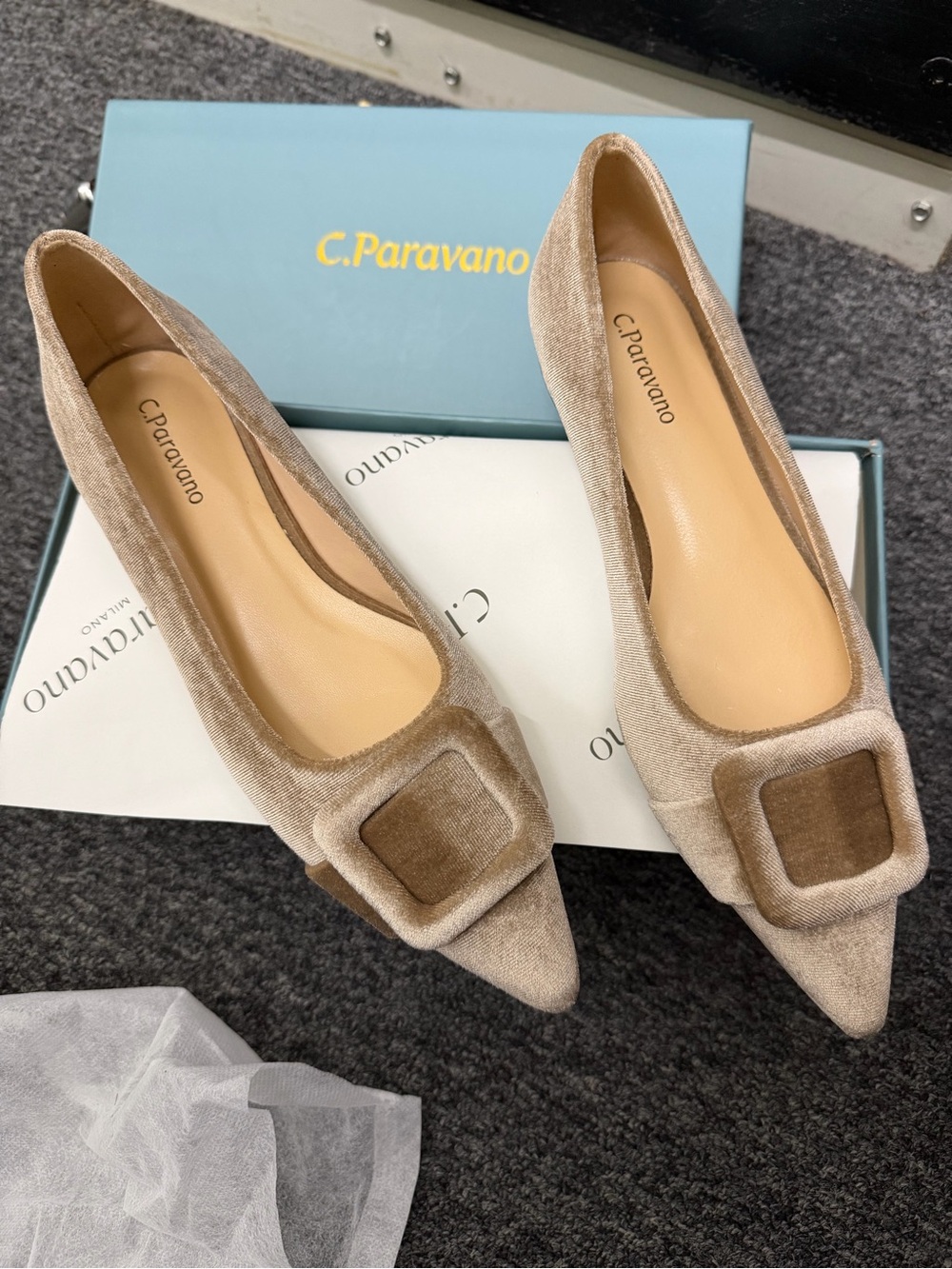 C.Paravano Luxury Velvet Slip-On Flats - Pointed Square Decorative Buckle SIZE 7